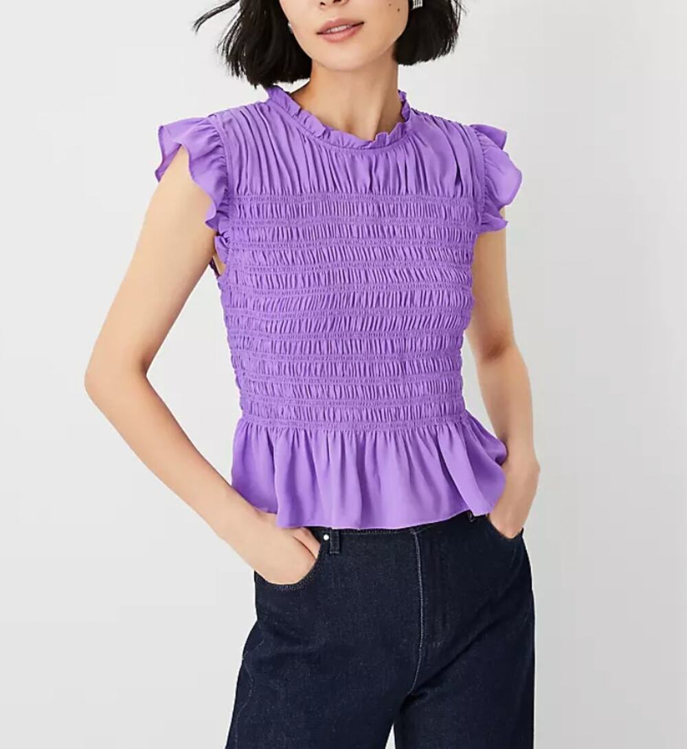 NWOT Ann Taylor Purple Smocked Ruffled Short Sleeve Top - Large